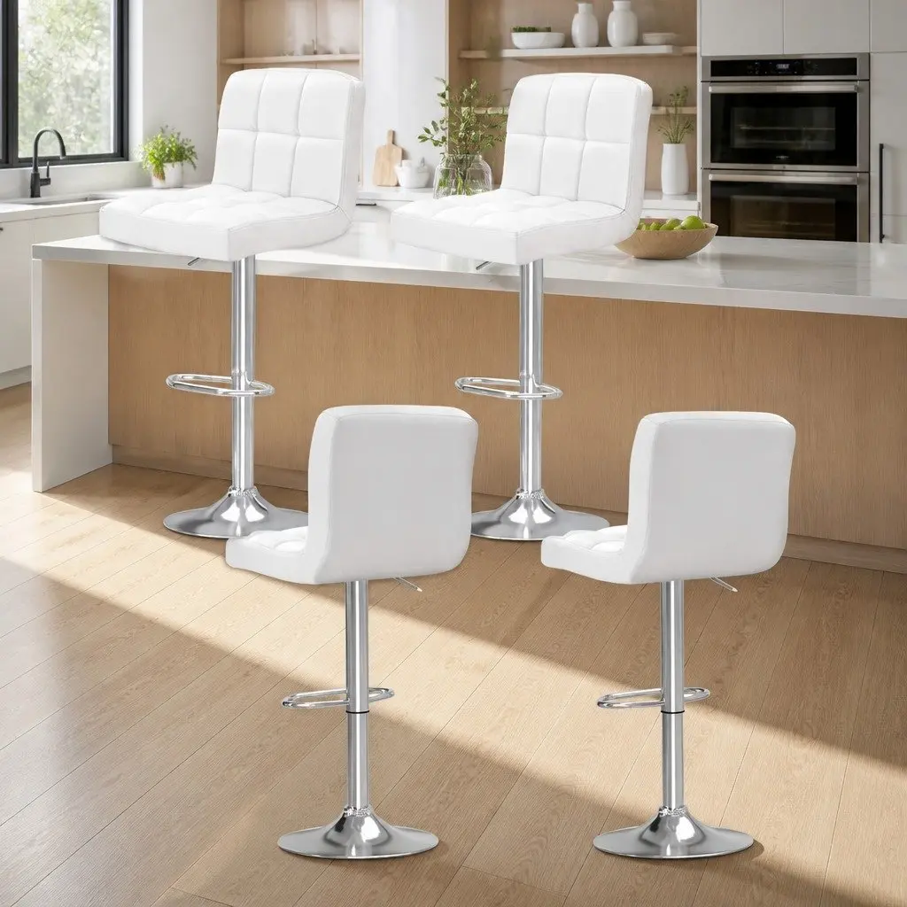 Bar Stools Faux Leather Adjustable Height White Set of 4 Swivel