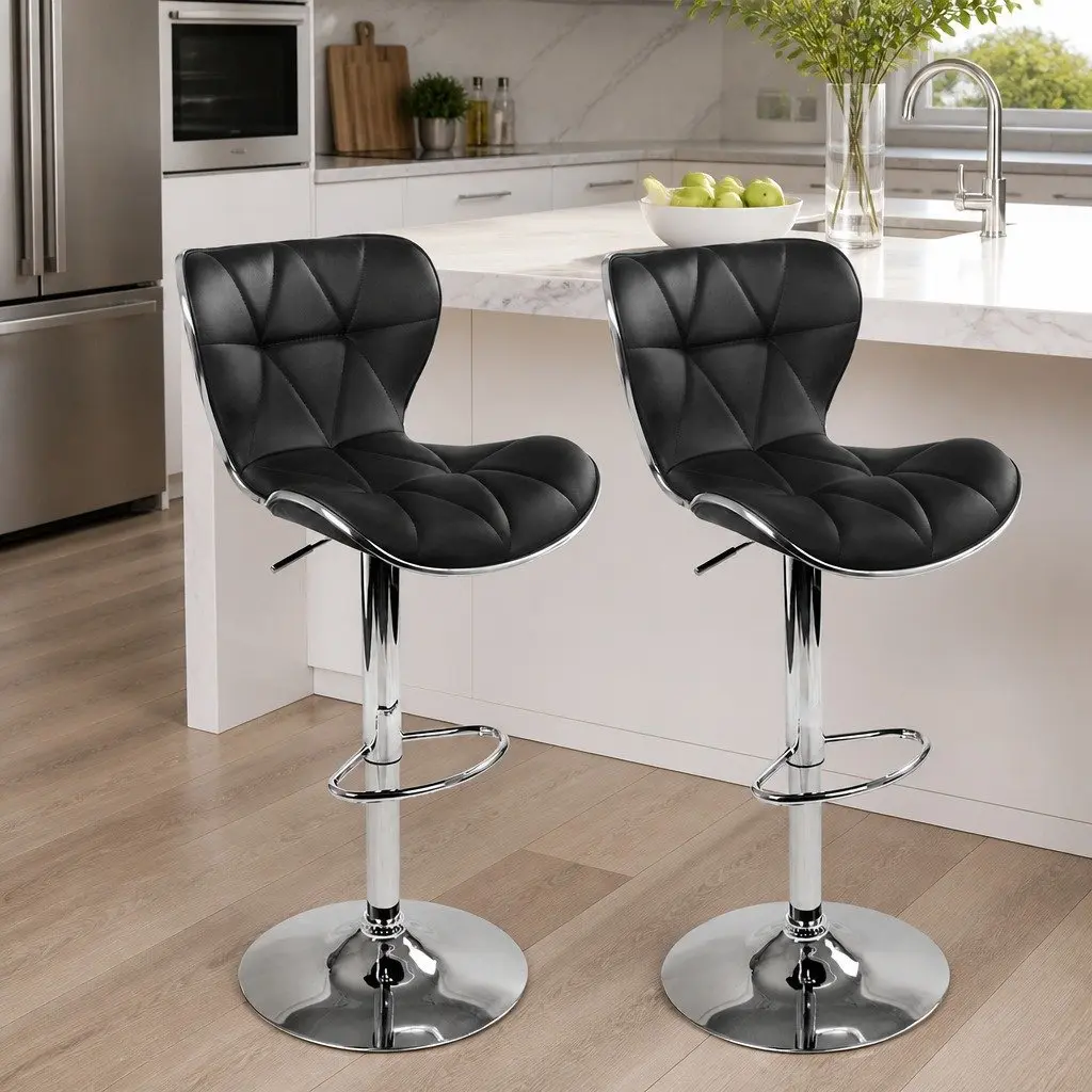 Bar Stools Set of 2 Gas Lift PU Leather Padded Seat Chrome Base Black