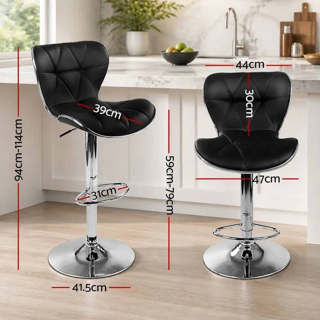 Bar Stools Set of 2 Gas Lift PU Leather Padded Seat Chrome Base Black