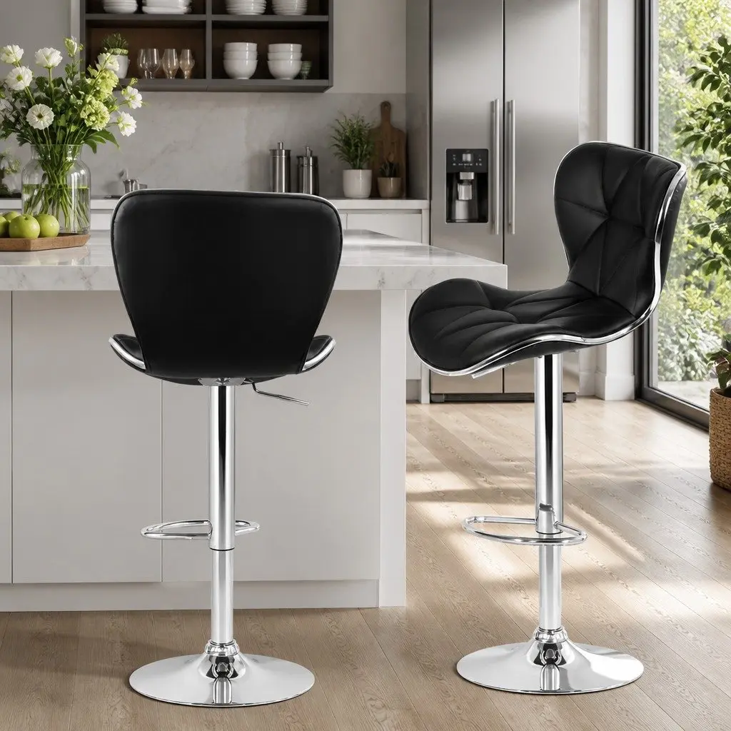 Bar Stools Set of 2 Gas Lift PU Leather Padded Seat Chrome Base Black