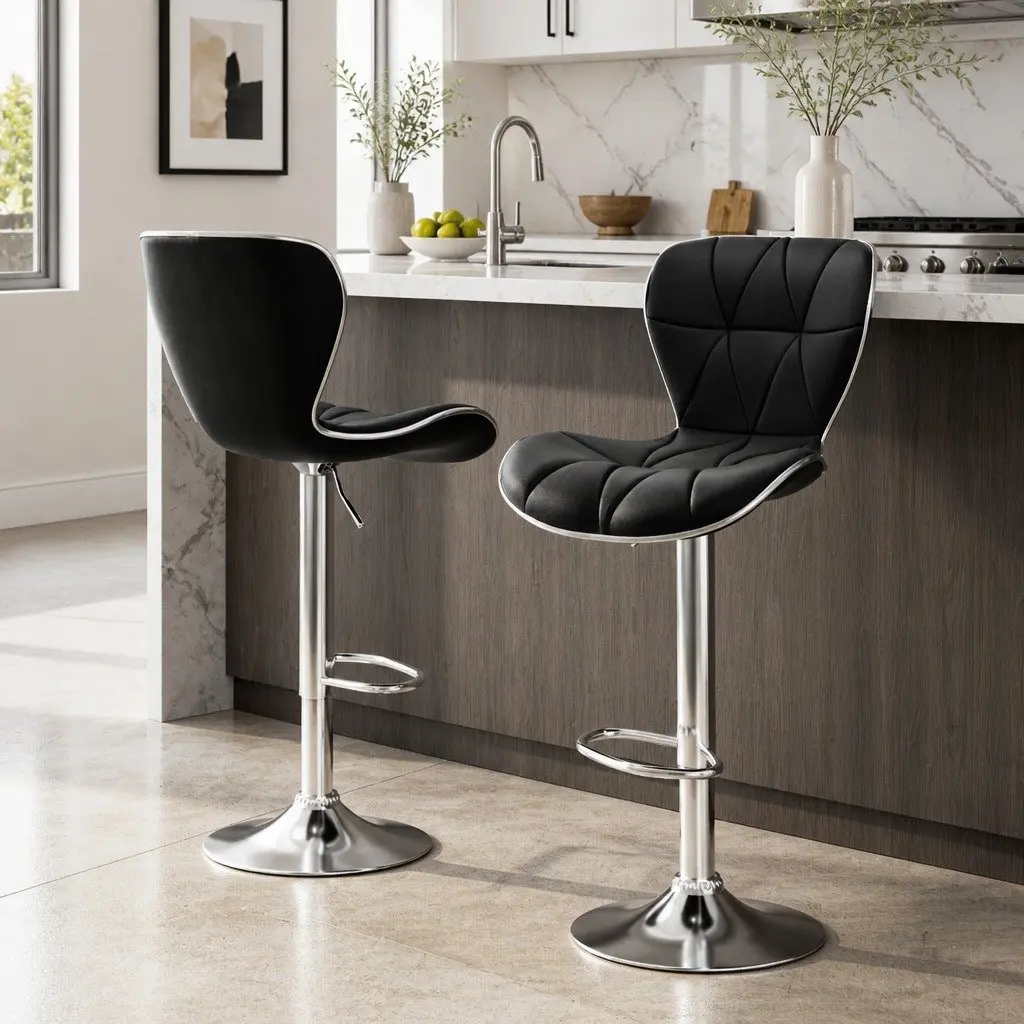 Bar Stools Set of 2 Gas Lift PU Leather Padded Seat Chrome Base Black