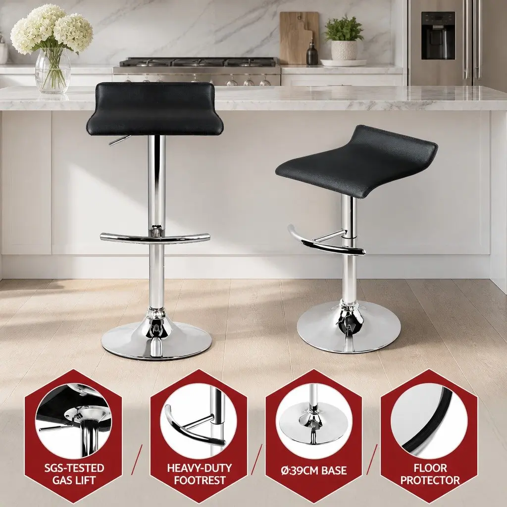 Bar Stools PU Leather Adjustable Gas Lift 2 Piece Black Swivel Kitchen Seating