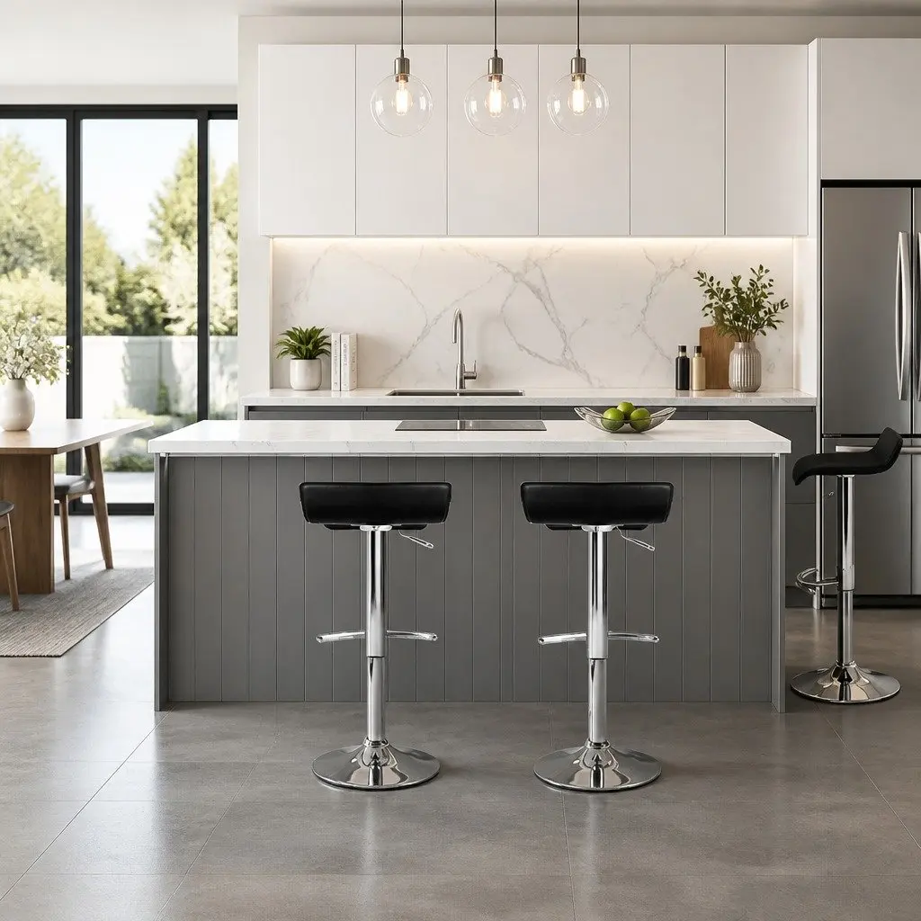 Bar Stools PU Leather Adjustable Gas Lift 2 Piece Black Swivel Kitchen Seating