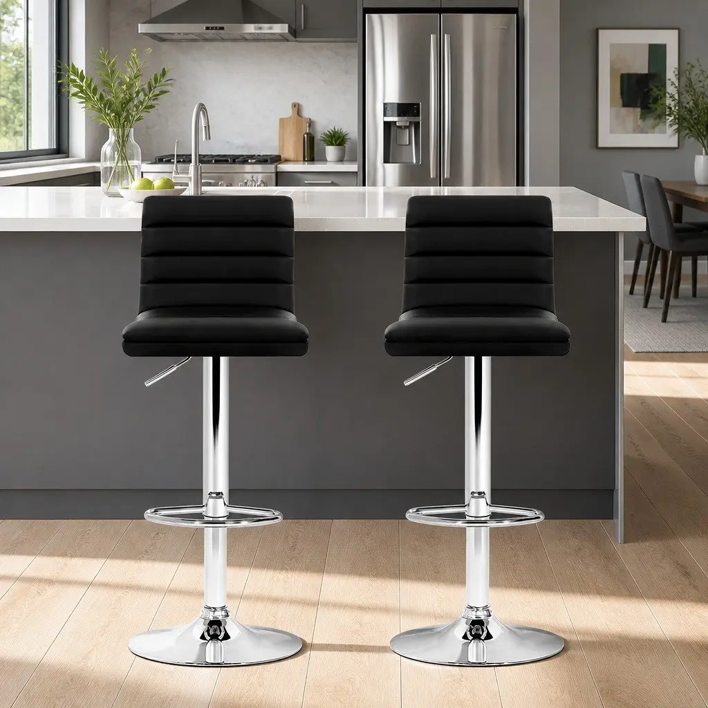 Bar Stools Padded Leather Gas Lift 2x Black Swivel Height Adjustable Dining