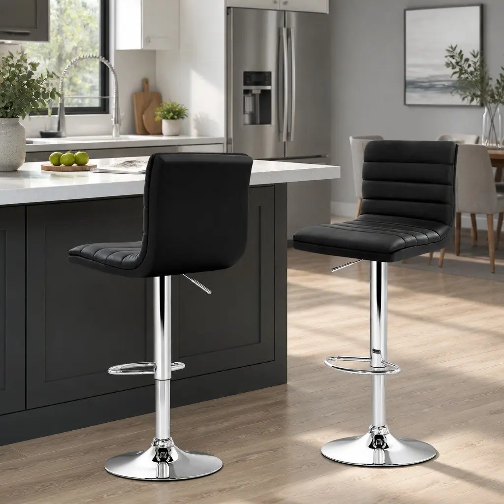 Bar Stools Padded Leather Gas Lift 2x Black Swivel Height Adjustable Dining