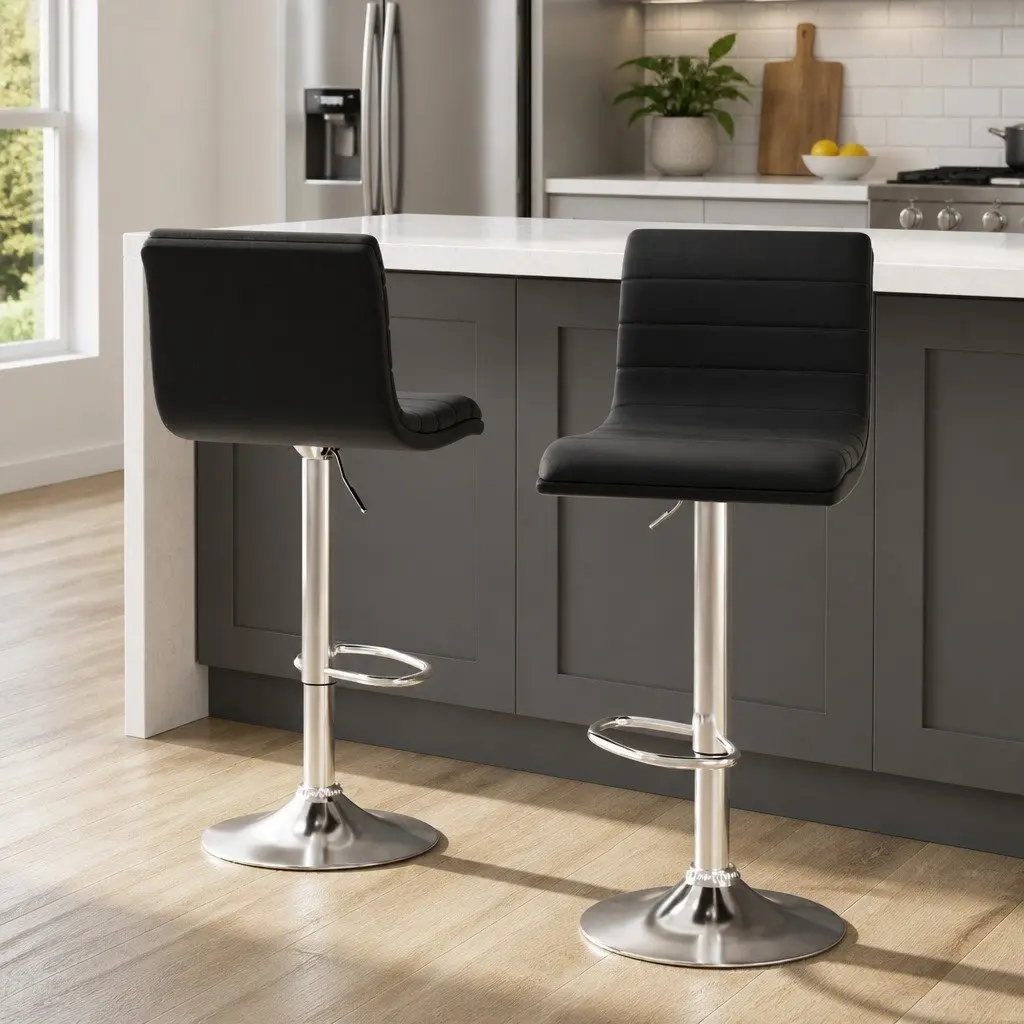 Bar Stools Padded Leather Gas Lift 2x Black Swivel Height Adjustable Dining