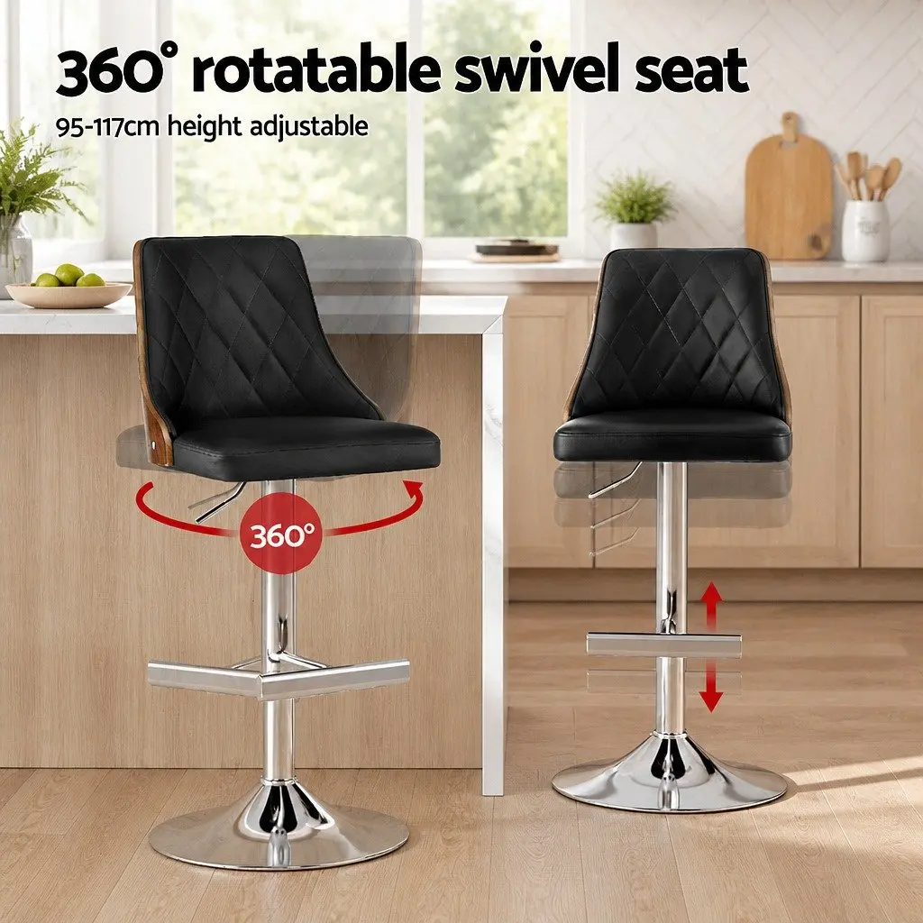Bar Stools Black Leather Adjustable Height Swivel Set of 4
