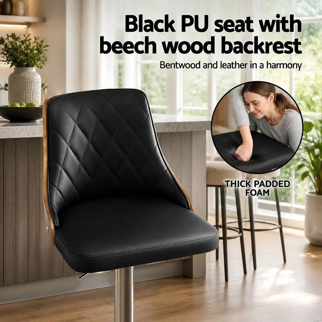 Bar Stools Black Leather Adjustable Height Swivel Set of 4