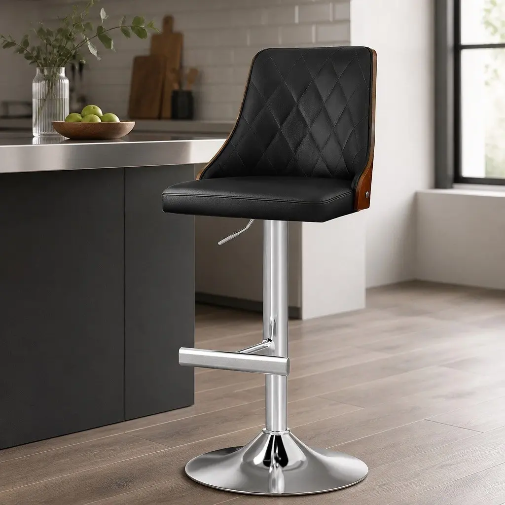Swivel Bar Stool with Adjustable Height in Black Leather