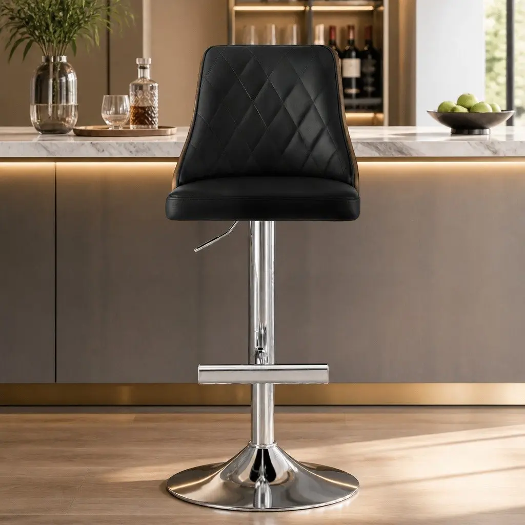 Swivel Bar Stool with Adjustable Height in Black Leather