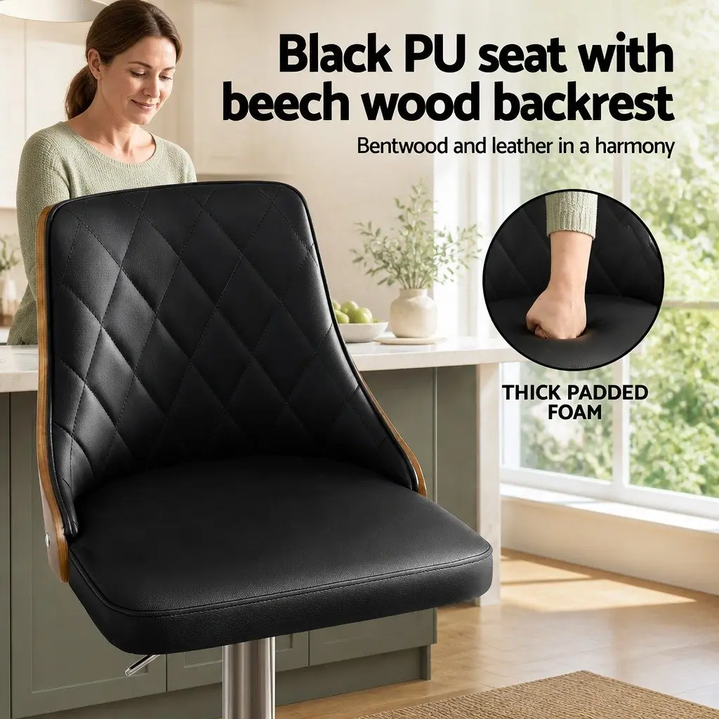 Swivel Bar Stool with Adjustable Height in Black Leather