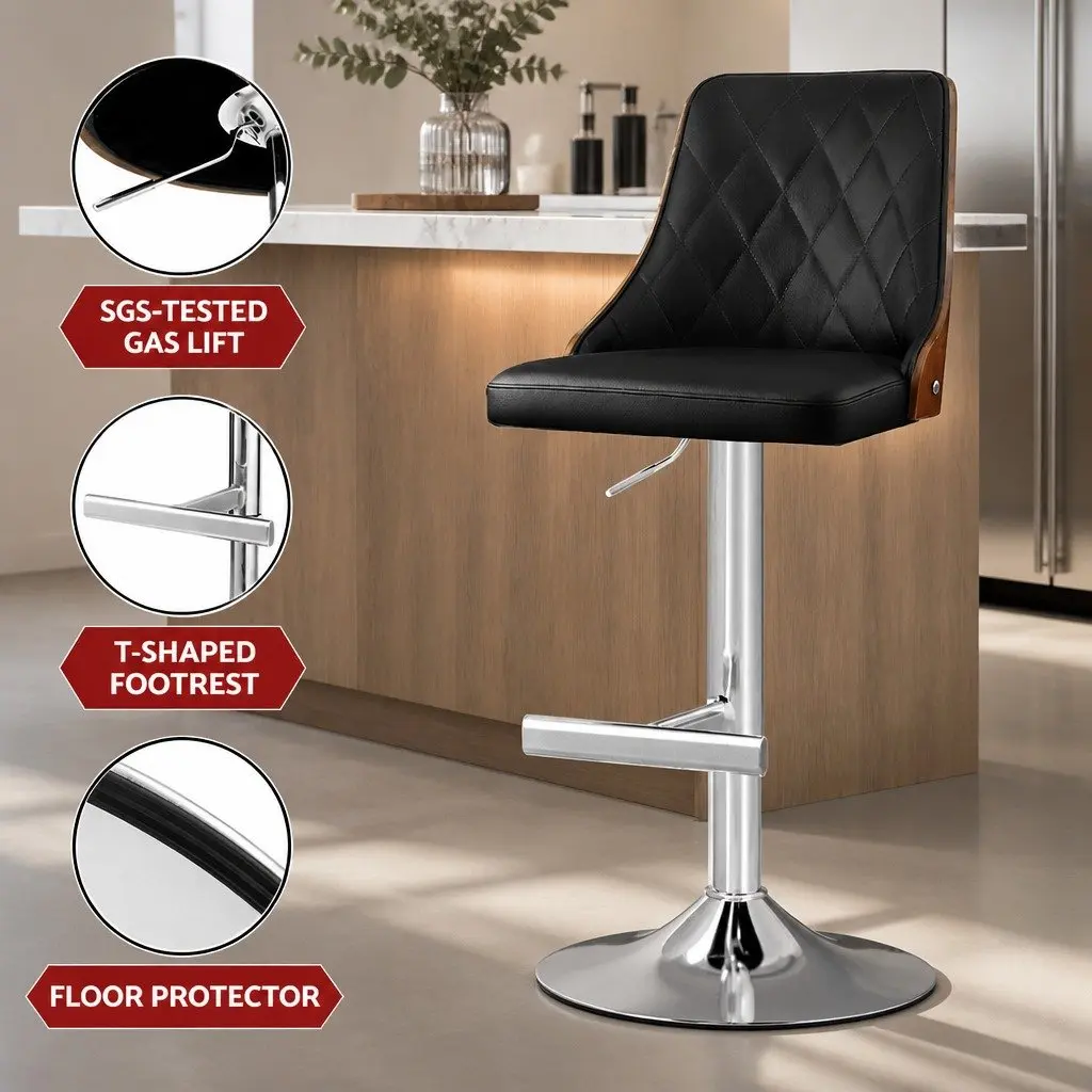 Swivel Bar Stool with Adjustable Height in Black Leather