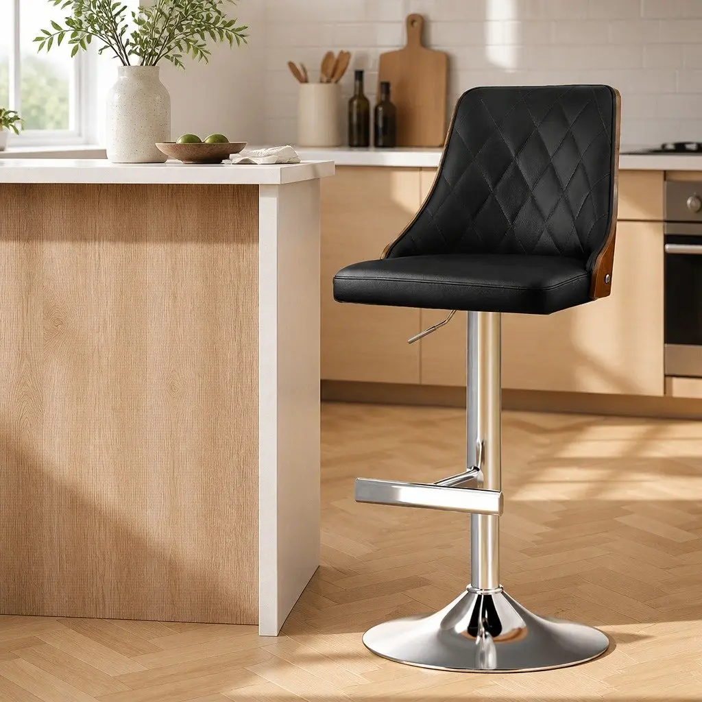 Swivel Bar Stool with Adjustable Height in Black Leather