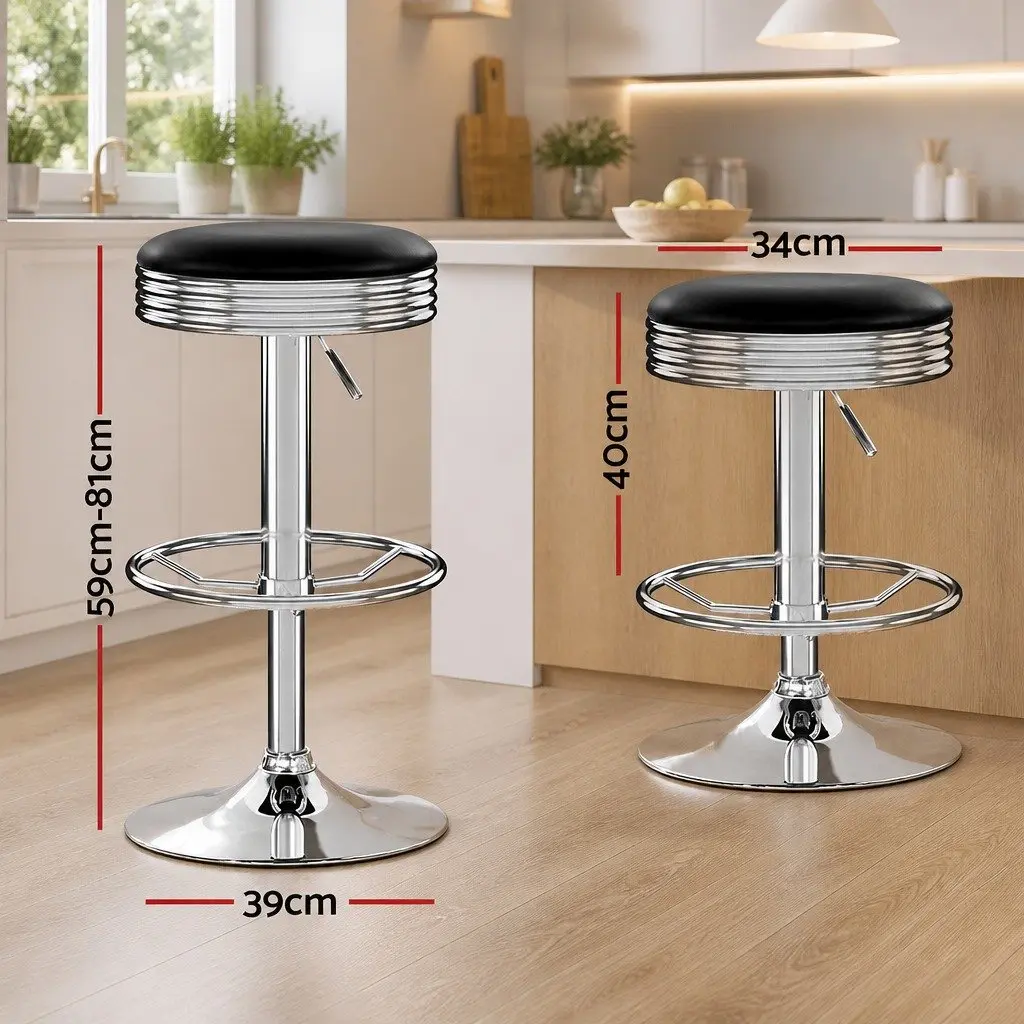 Bar Stools PU Leather Black Swivel Height Adjustable Chrome Base Backless