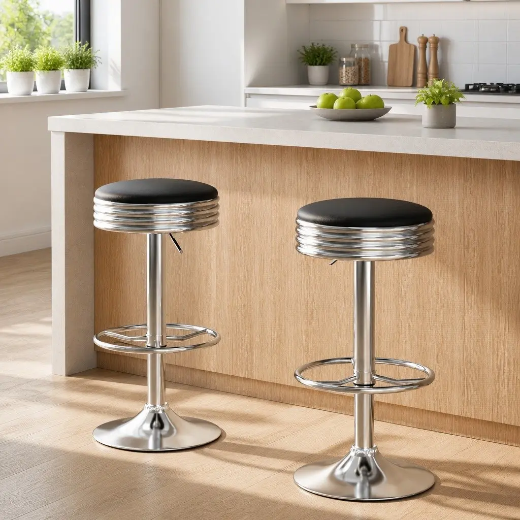 Bar Stools PU Leather Black Swivel Height Adjustable Chrome Base Backless