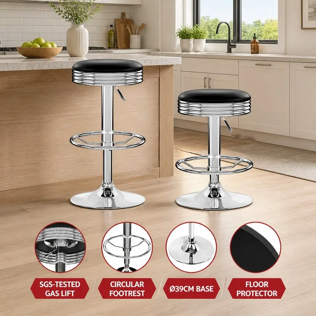 Bar Stools PU Leather Black Swivel Height Adjustable Chrome Base Backless