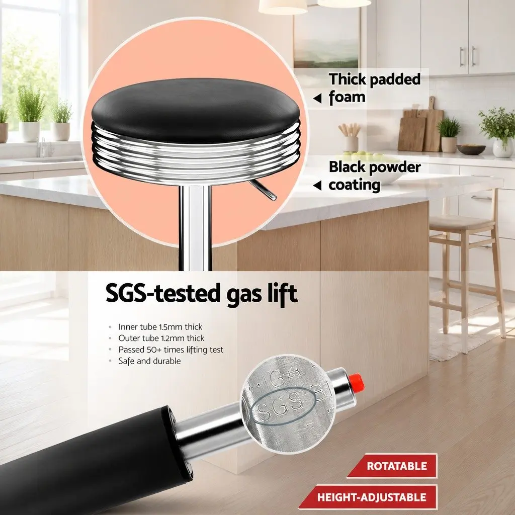 Bar Stools PU Leather Black Swivel Height Adjustable Chrome Base Backless