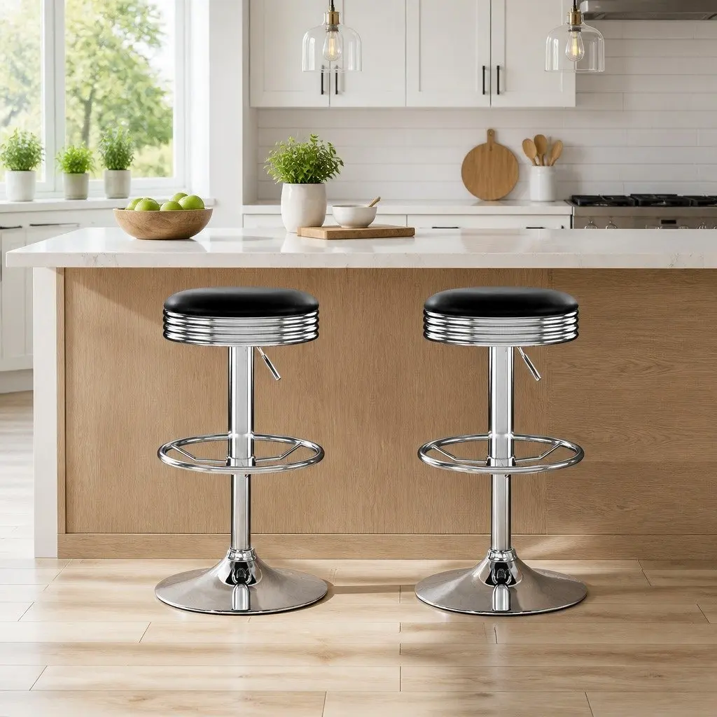 Bar Stools PU Leather Black Swivel Height Adjustable Chrome Base Backless
