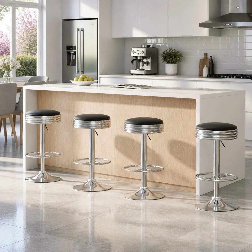 Bar Stools PU Leather Padded Swivel Gas Lift Chrome Base Black
