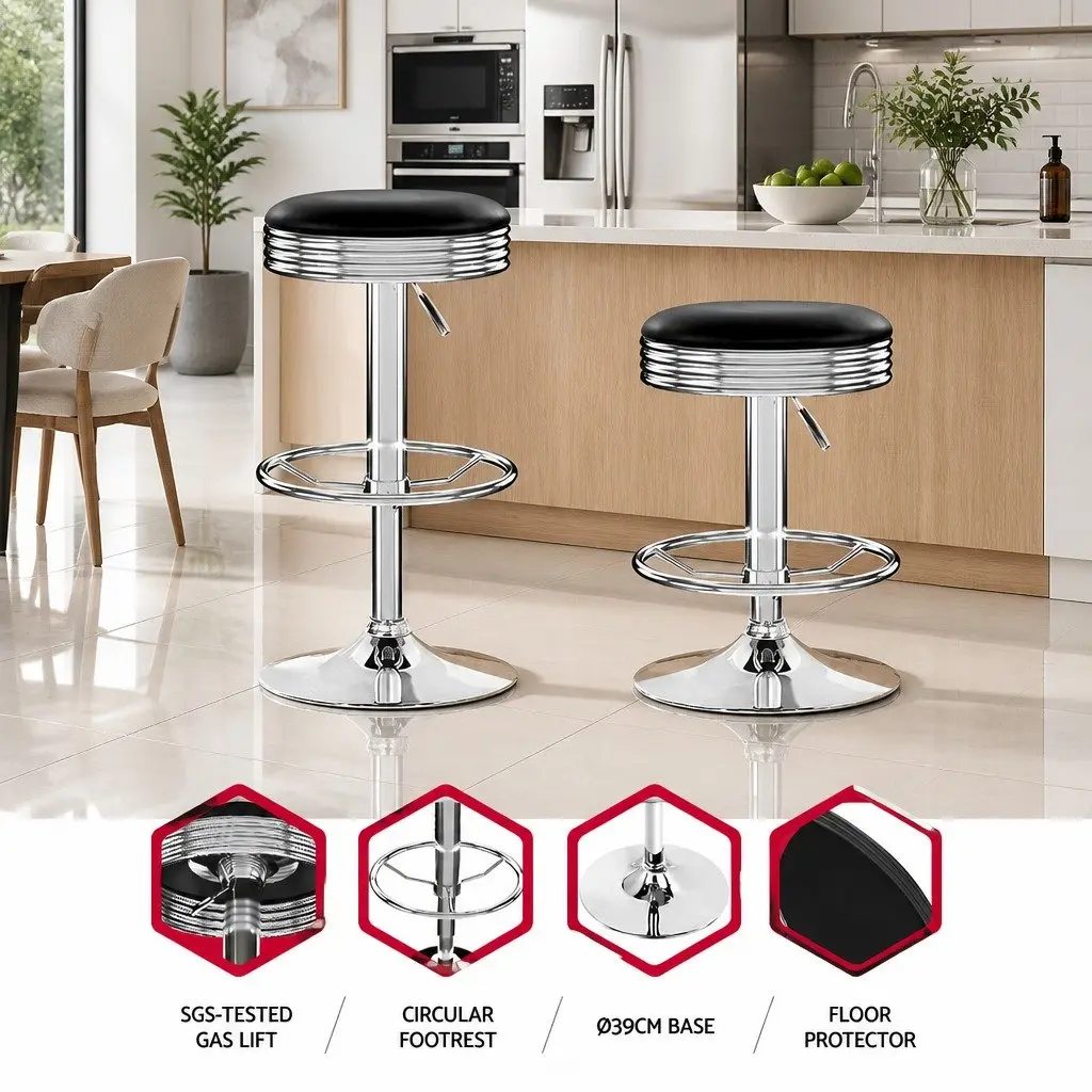 Bar Stools PU Leather Padded Swivel Gas Lift Chrome Base Black