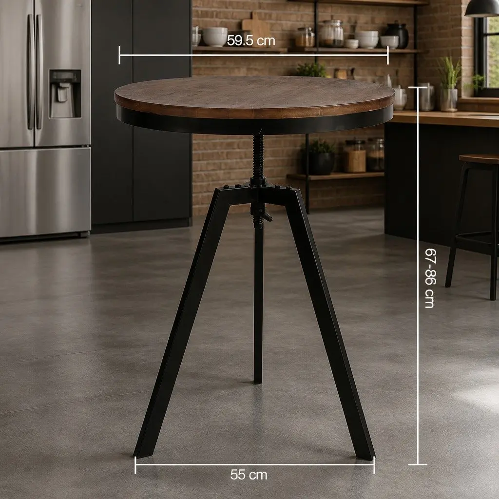 Industrial Round Adjustable Height Dining Table with Steel Frame