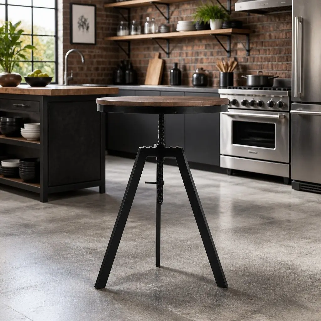 Industrial Round Adjustable Height Dining Table with Steel Frame