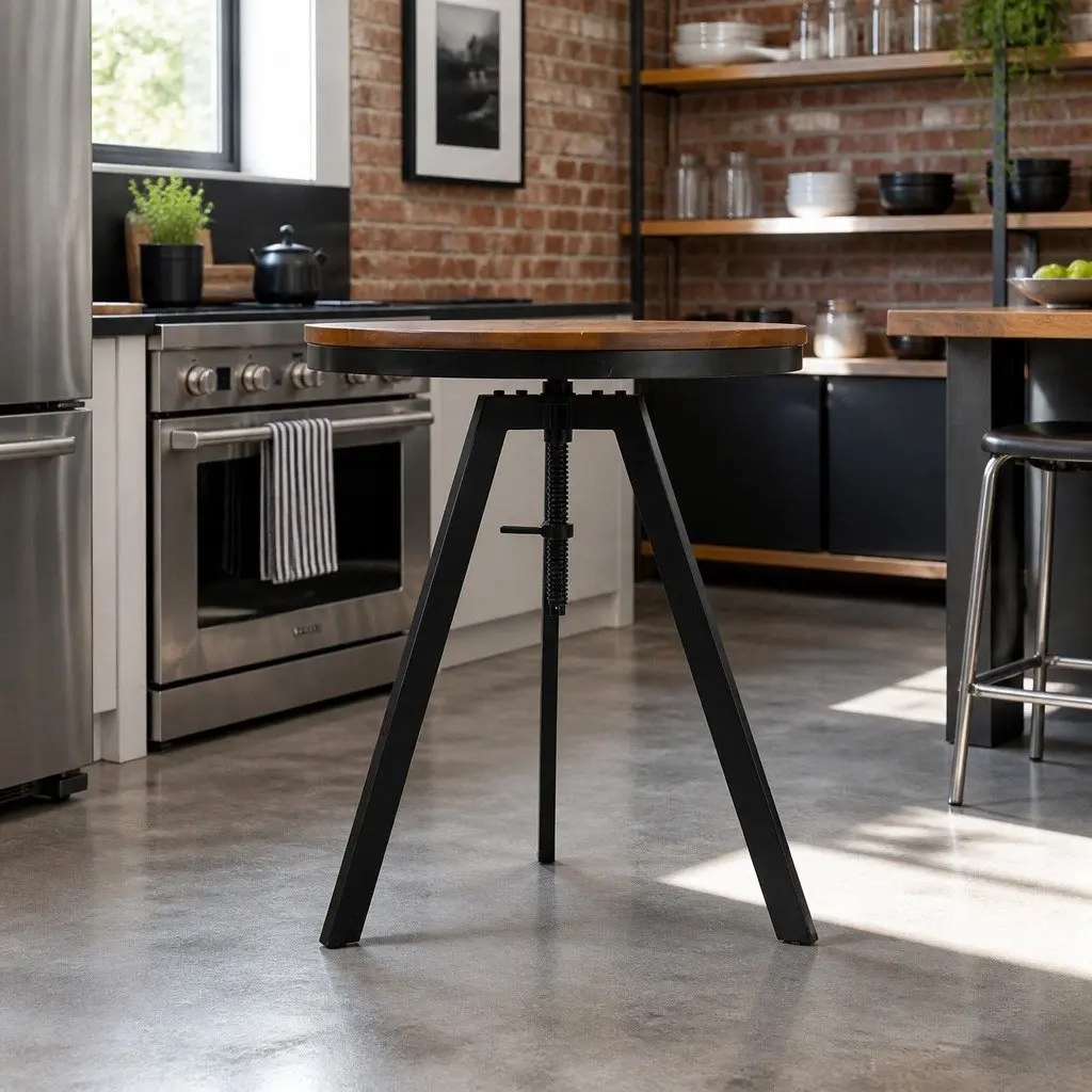 Industrial Round Adjustable Height Dining Table with Steel Frame