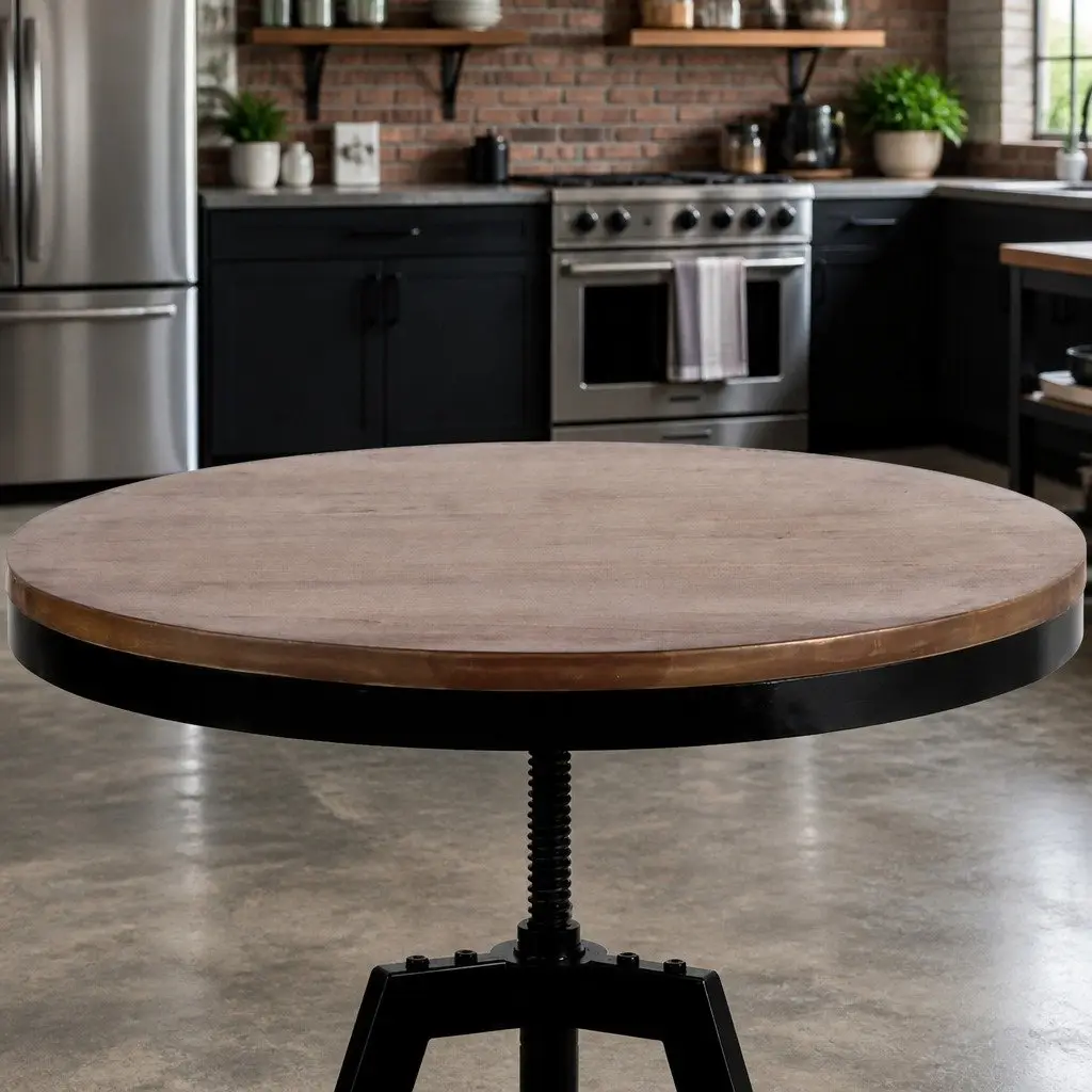 Industrial Round Adjustable Height Dining Table with Steel Frame