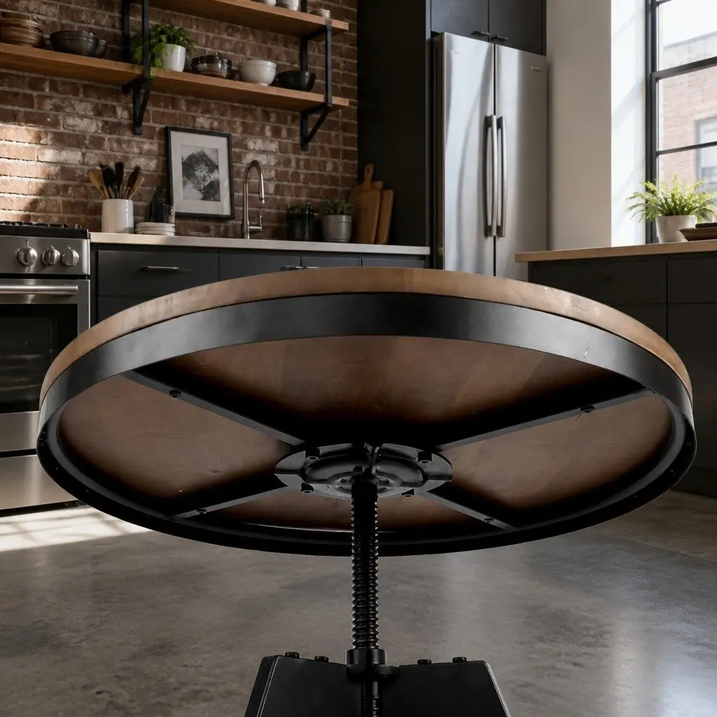 Industrial Round Adjustable Height Dining Table with Steel Frame