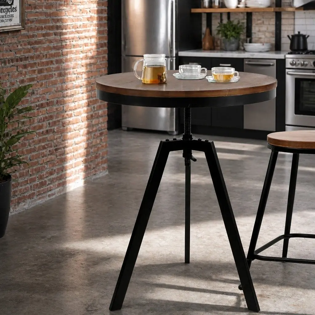 Industrial Round Adjustable Height Dining Table with Steel Frame