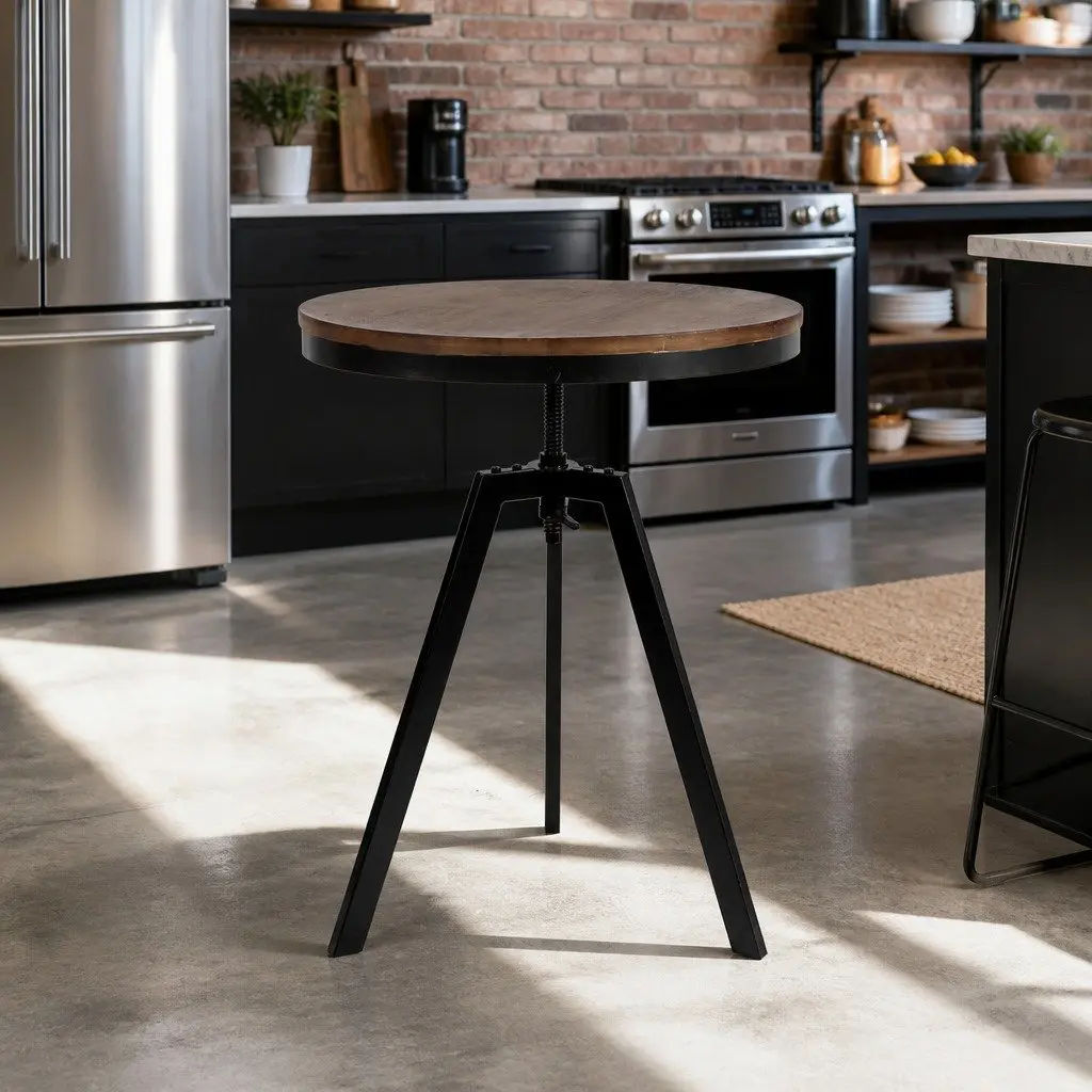 Industrial Round Adjustable Height Dining Table with Steel Frame