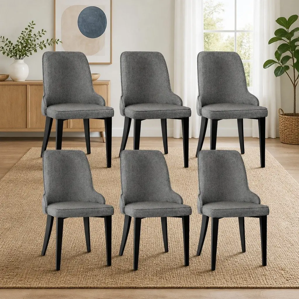 High Back Dining Chairs Set of 6 in Grey Linen Fabric