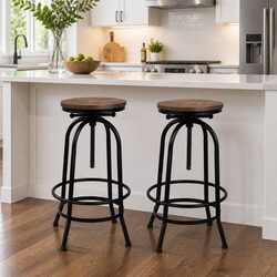 Adjustable Bar Stools with Wooden Seat and Steel Frame