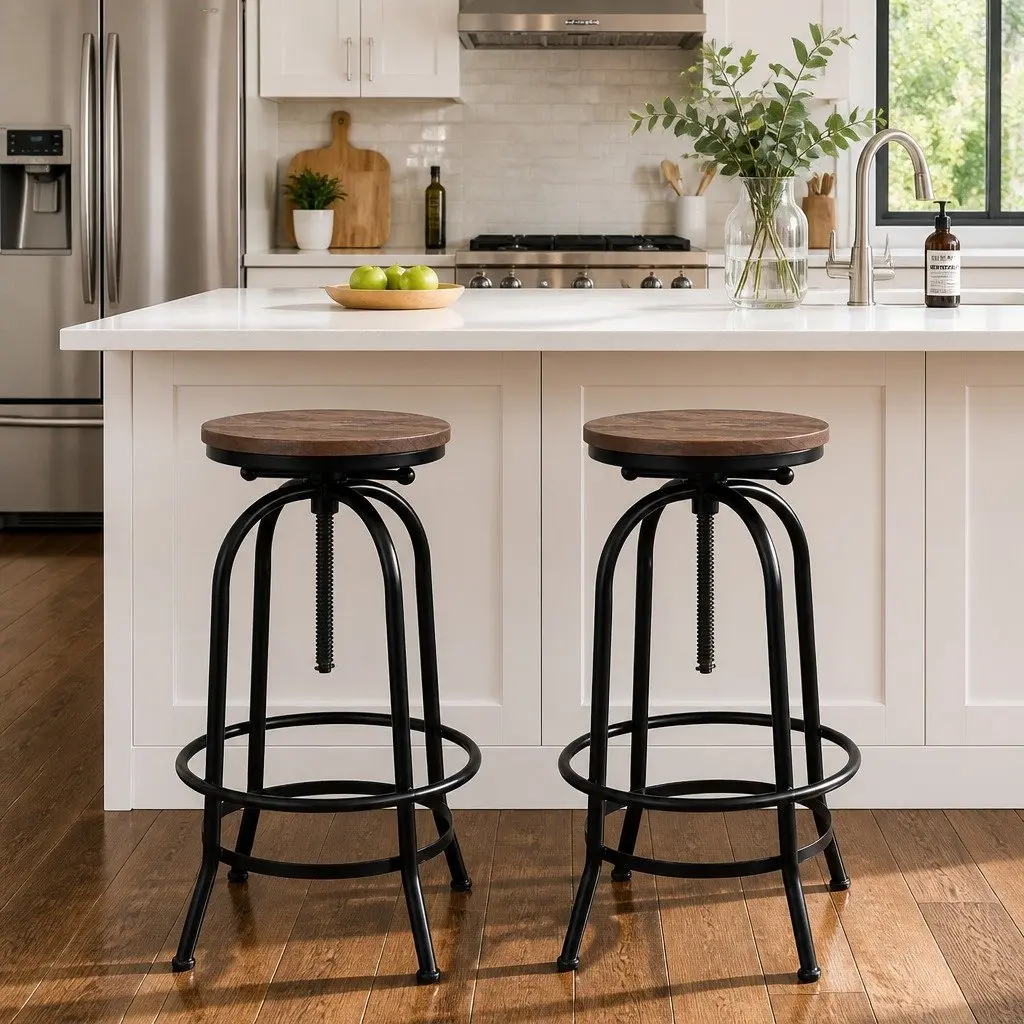 Bar Stools Wooden Seat Adjustable Height Swivel Black Frame 2 Piece