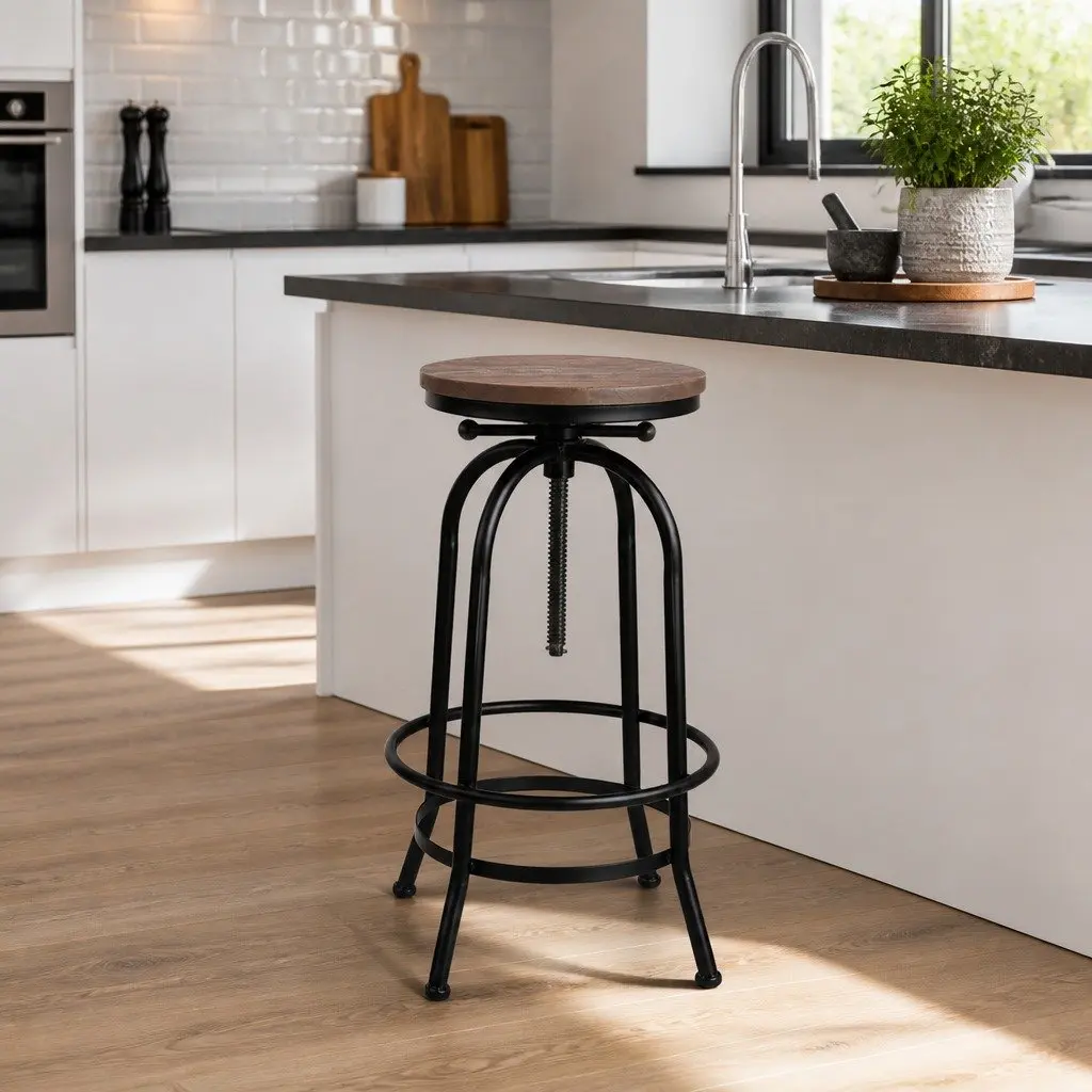 Adjustable Bar Stool with Wooden Seat and Swivel Functionality