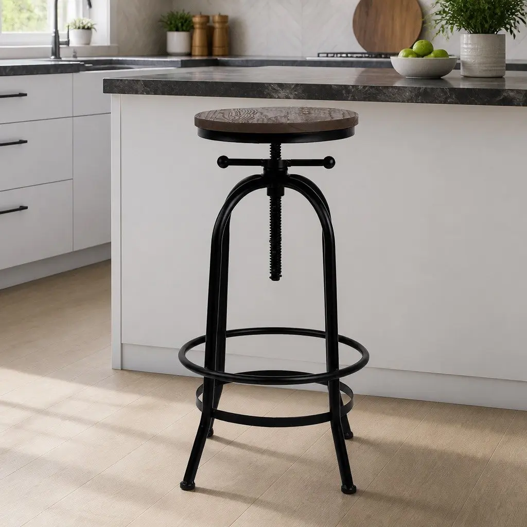 Adjustable Bar Stool with Wooden Seat and Swivel Functionality