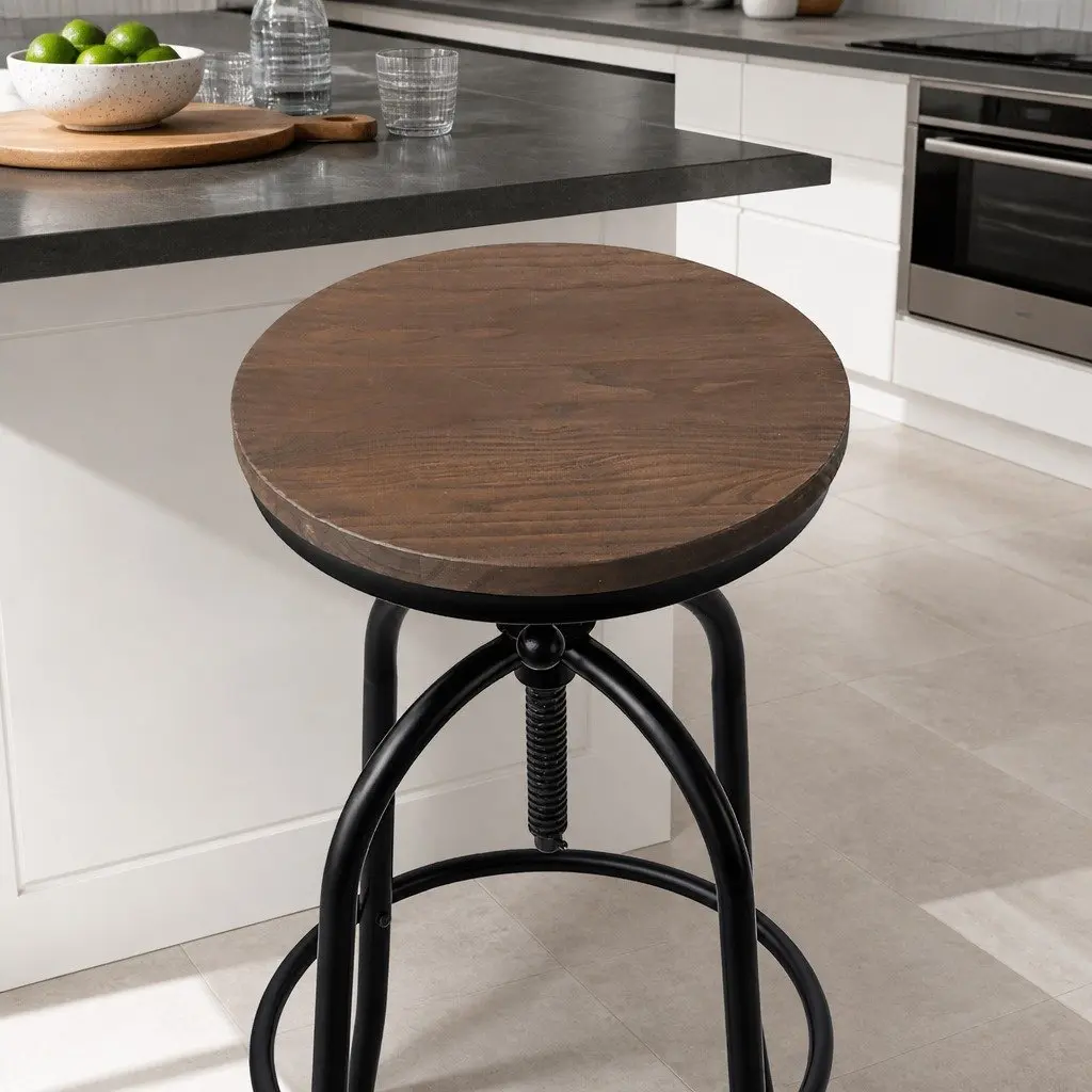 Adjustable Bar Stool with Wooden Seat and Swivel Functionality