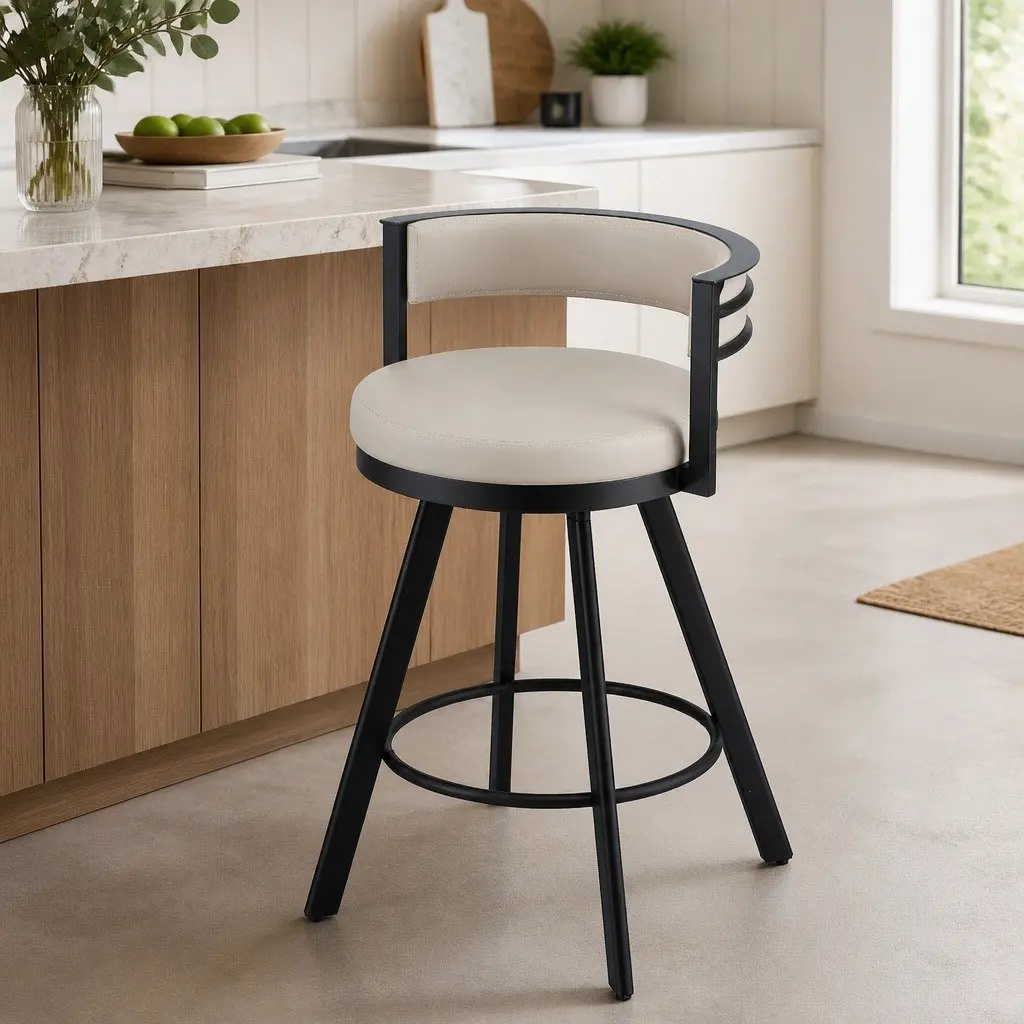 Beige Swivel Bar Stool with Metal Frame
