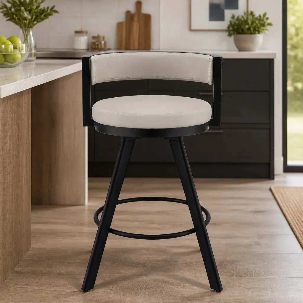 Beige Swivel Bar Stool with Metal Frame