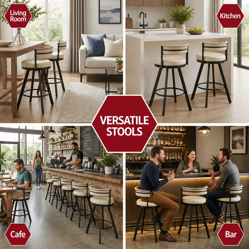 Beige Swivel Bar Stool with Metal Frame