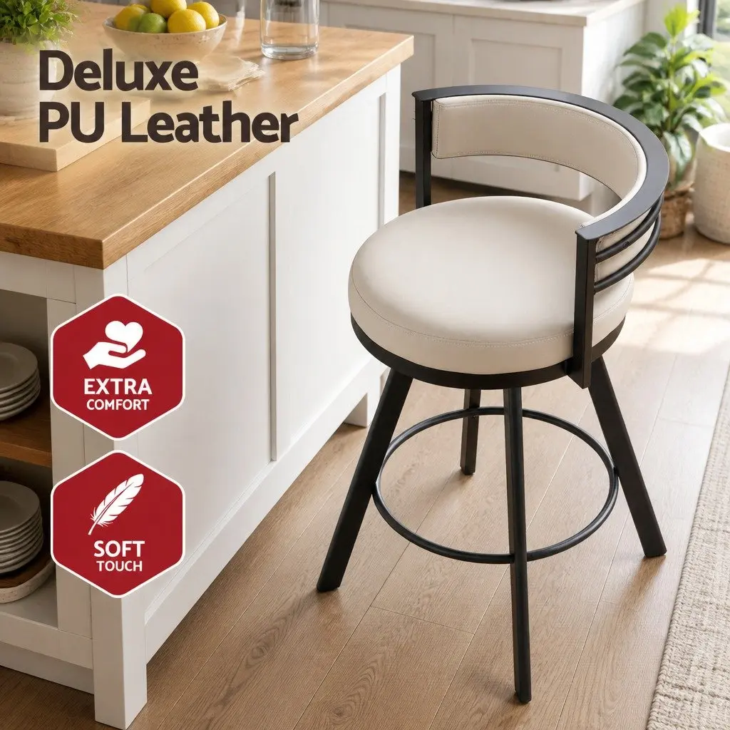 Beige Swivel Bar Stool with Metal Frame