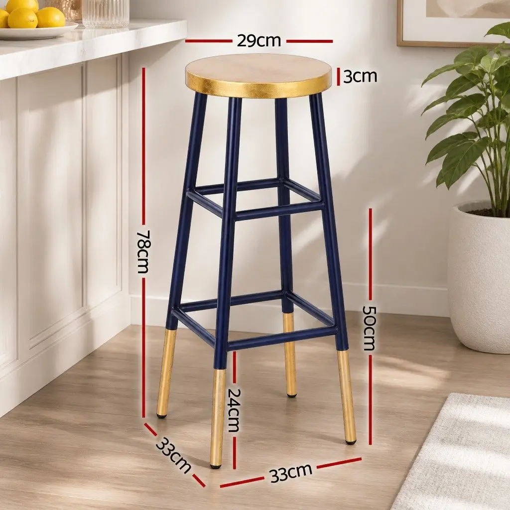 Bar Stools Two-Tone Round Seat Metal Navy Gold Kitchen Dining Chair Set 76cm Height
