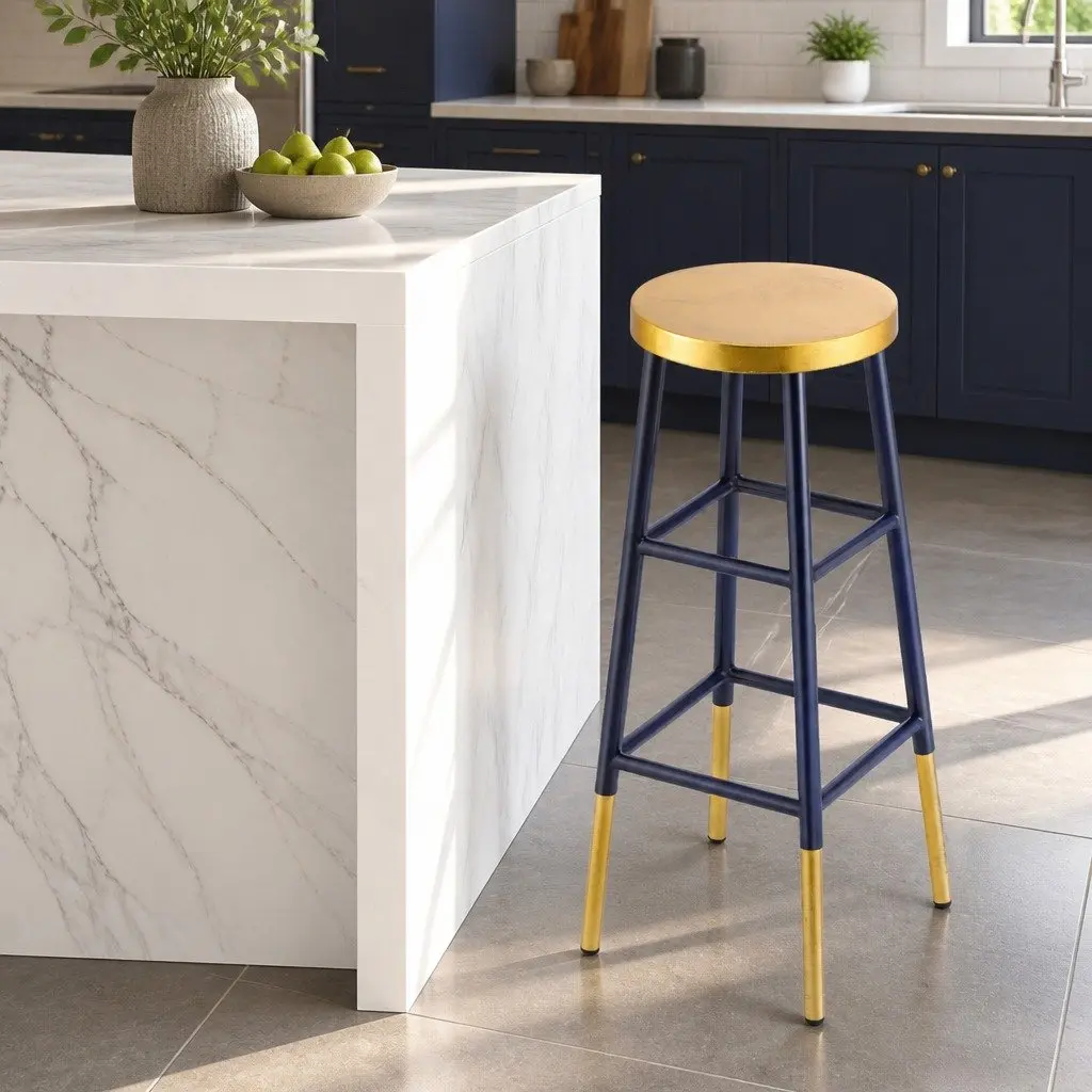 Bar Stools Two-Tone Round Seat Metal Navy Gold Kitchen Dining Chair Set 76cm Height