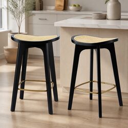 Set of 2 Backless Bar Stools with Rattan Seats