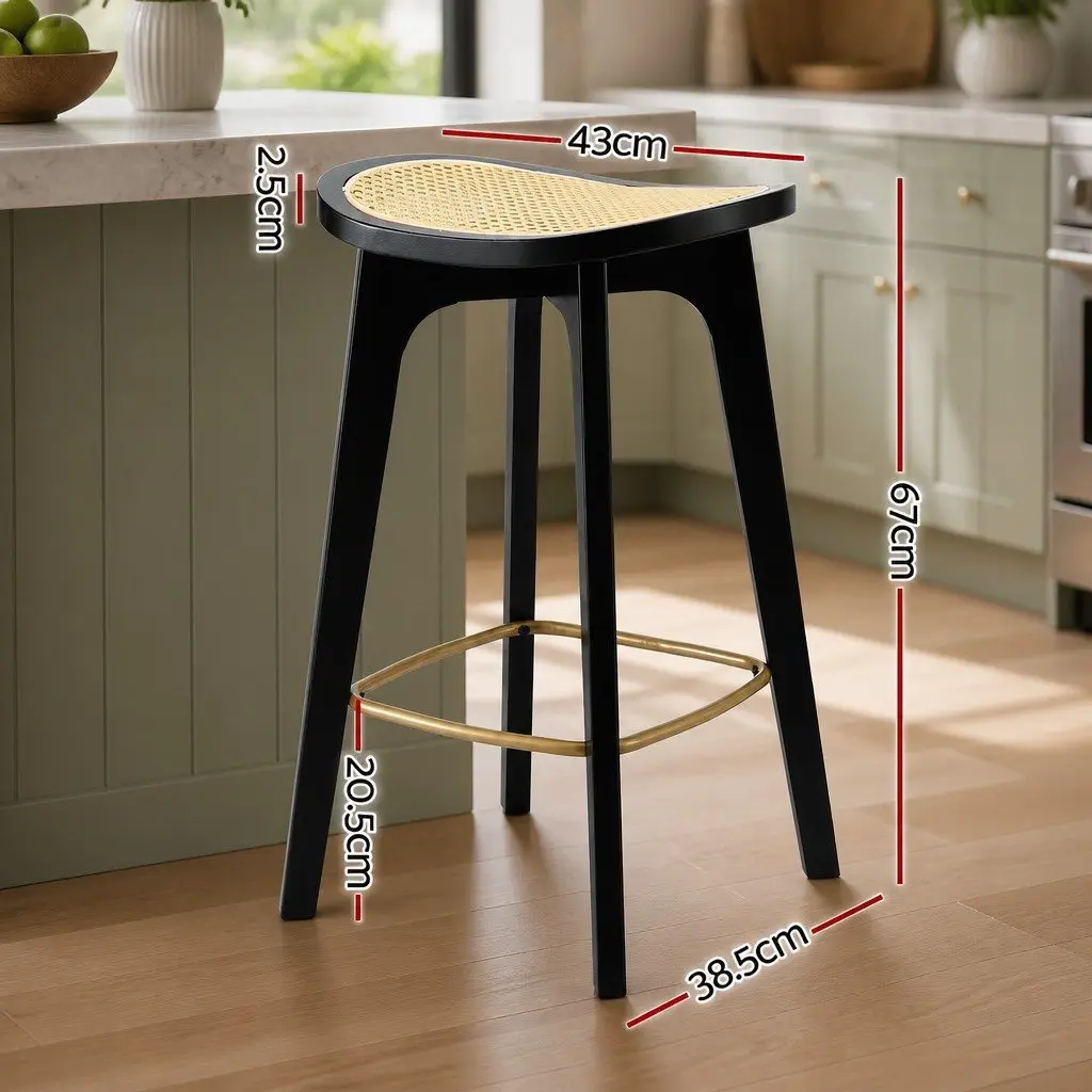 Bar Stools Rattan Woven Seat Bamboo Frame Black 67cm Height Set of 2
