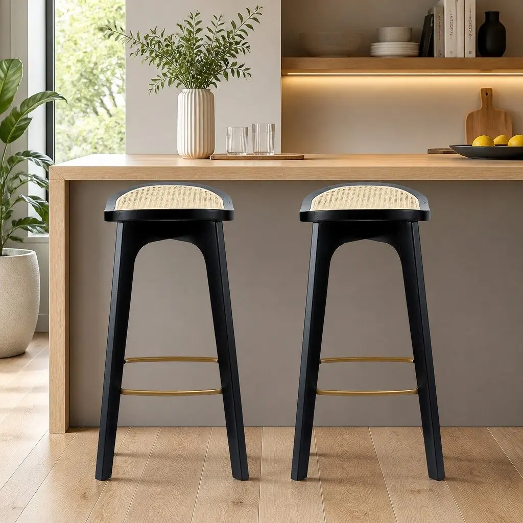 Bar Stools Rattan Woven Seat Bamboo Frame Black 67cm Height Set of 2