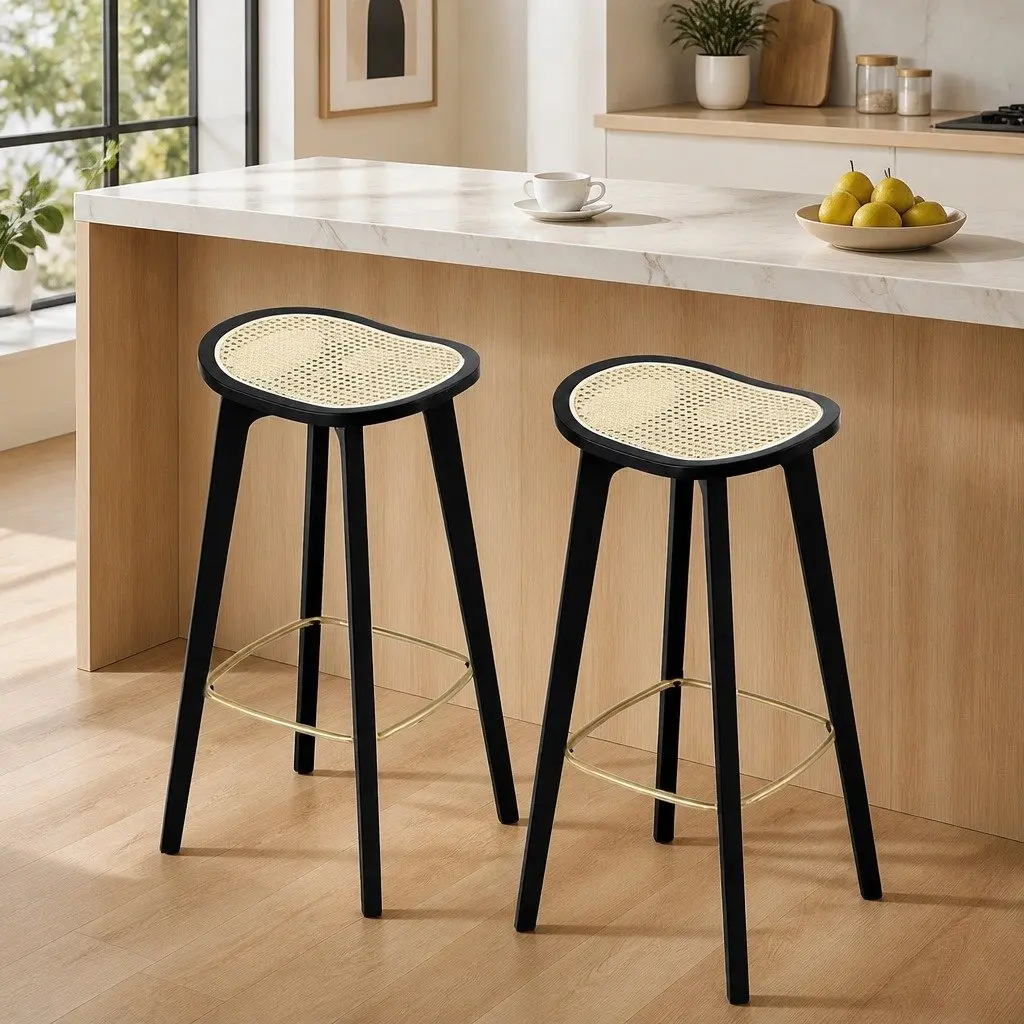 Bar Stools Rattan Woven Seat Bamboo Frame Black 67cm Height Set of 2
