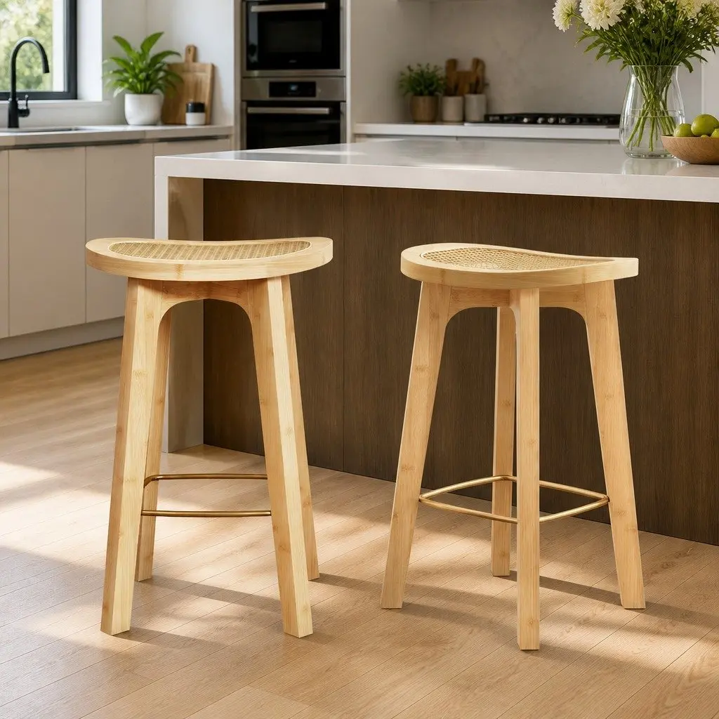 Set of 2 Rattan Seat Bar Stools for Kitchen Counter