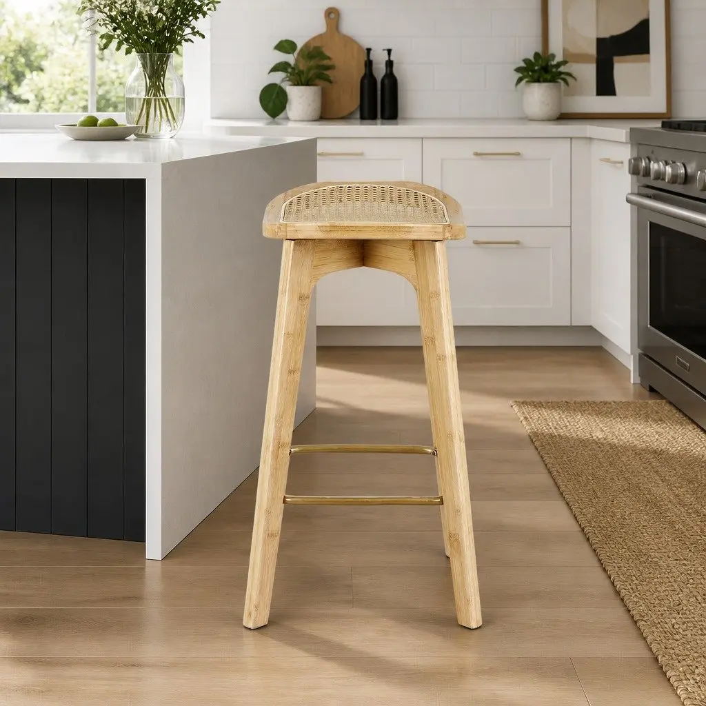 Set of 2 Rattan Seat Bar Stools for Kitchen Counter
