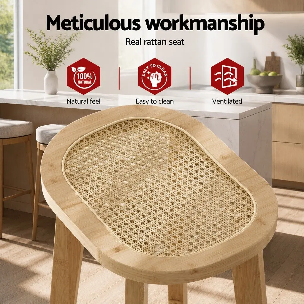 Set of 2 Rattan Seat Bar Stools for Kitchen Counter